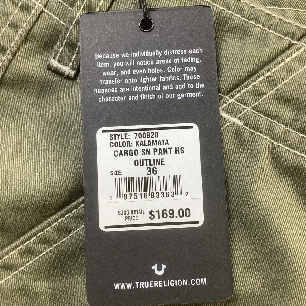 True Religion Mens Kalamata Green Cargo SN Pants HS Outline Size 36 x 32 NWT